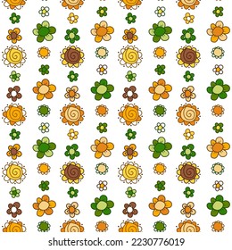 Un patrón de flores con pétalos redondeados dispuestos en franjas verticales. Naranja, marrón, colores verdes. Imagen vectorial sin brillo en un fondo transparente.