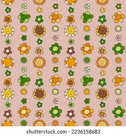 A pattern of flowers with rounded petals arranged in vertical stripes. Orange, brown, green colors. Seamless vector image.