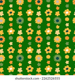 A pattern of flowers with rounded petals arranged in vertical stripes. Yellow, white and green colors. Seamless vector image.