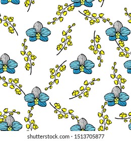 Pattern of flowers. Seamless illustration with delicate orchid flowers and buds. Girl's pattern. Texture. Vector
