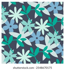 pattern flowers shades of blue and light blue on dark blue background