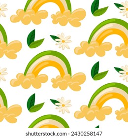 Pattern flowers spring daisies rainbow. Cute hand-drawn daisy flower, rainbow and leaves on a seamless pattern background. Packing for spring. The first day of spring, St. Patrick's Day