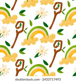 Pattern flowers spring daisies rainbow, stick with leaves. Cute hand-drawn daisy flower, rainbow and leaves on a seamless pattern background. Package. The first day of spring, St. Patrick's Day