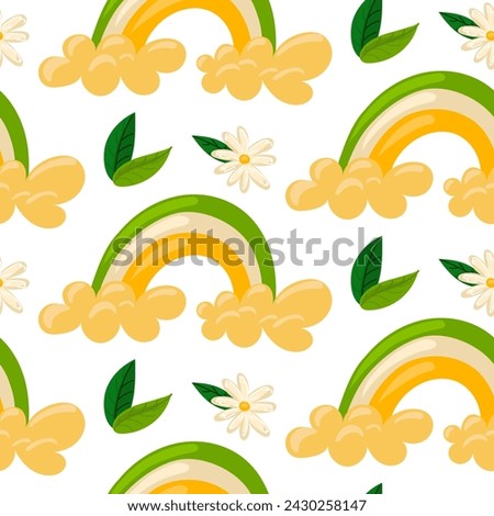 Pattern flowers spring daisies rainbow. Cute hand-drawn daisy flower, rainbow and leaves on a seamless pattern background. Packing for spring. The first day of spring, St. Patrick's Day