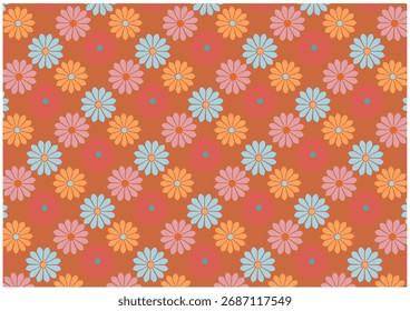 A pattern of flowers and squares in various colors on a brown background.