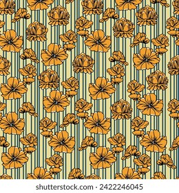 Pattern of flowers and stripes in yellow color. Retro vintage style print. Perfect for stamping different surfaces.
Ready to color and repeat. Vector and all over design