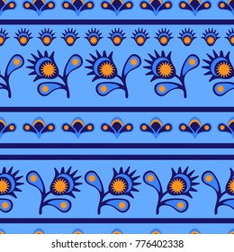 Pattern with flowers and strips in Indian style on a blue background, for textiles, sarees, fabrics, jewelry