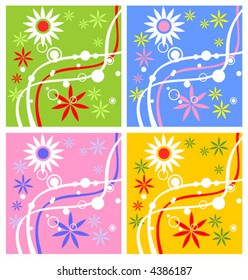 Pattern from flowers and strips on a green, dark blue, pink and yellow background.