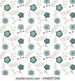 Pattern of flowers and twigs in the style of doodling on a white background.