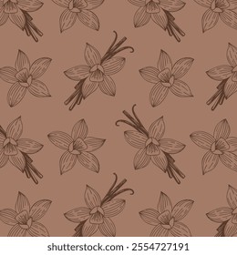 Pattern with flowers and vanilla sticks on mocha mousse background.