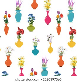 Patrón con flores en jarrones. Patrón sin fisuras de Vector con ramos de flores en jarrones multicolores sobre un fondo transparente.