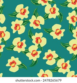 Un patrón de flores en cálidos colores pastel. Estampado floral de verano en estilo boho. Patrones sin costuras de flores de tonos cálidos en Vector. Fondo de un jardín floreciente. Estampado con un Grande ramo de flores.