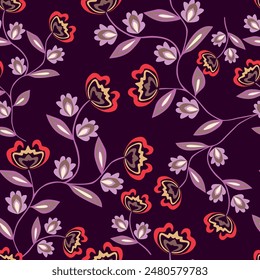 A pattern of flowers in warm pastel colors. Summer floral print in boho style. Seamless patterns of warm-hued flowers in vector. Background of a blooming garden. Print with a large floral bouquet.