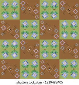 Pattern with flowers and windmills using Romanian folk elements.