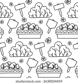 pattern of fluffy bushes and signage. bush in flower pot and bush outside. Monochrome doodle-style texture. Contrasting. Pleasant spring and summer. Suitable for decor, postcards, prints, cozy covers