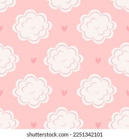 Pattern of fluffy clouds with hearts on a pink background.
