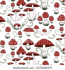 Pattern with fly agaric and ferns. Poison mushrooms. Vector illustration.