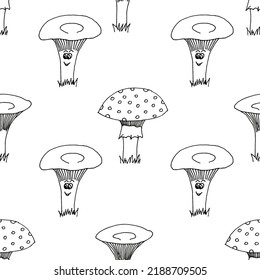 A pattern of fly agarics and chanterelles with eyes and smile on white background. Beautiful seamless background of toadstools. Vector illustration with mushrooms.