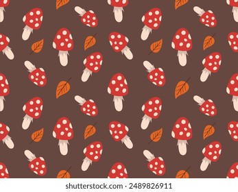 Pattern with fly agarics. Seamless forest pattern: fly agarics and leaves on a brown background. Beautiful vector illustration for fabric, wrapping paper, background. Botanical pattern.