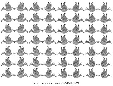 Pattern with flying birds carrying a branch with a heart
