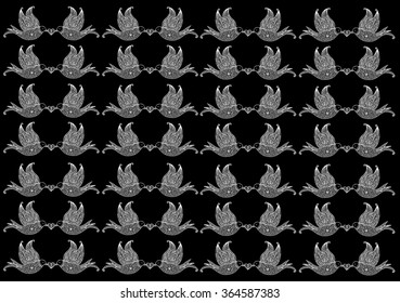 Pattern with flying birds carrying a branch with a heart
