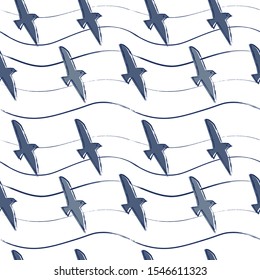 Pattern with flying birds. Sea and adventures. Romantic illustration.