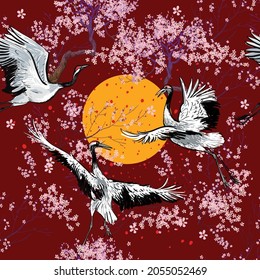 Pattern flying cranes and sakurana dark background, Japan, cherry blossom time. Vector, hand drawing, flowering tree, tourism