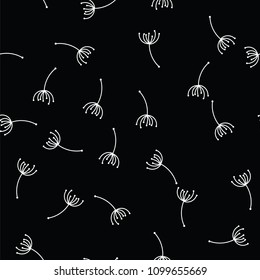Pattern with flying dandelion seeds or achenes on black background. Botanical flower parts for fabric print, wallpaper, wrapping paper