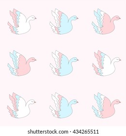 Pattern with flying doves on a pink background. Vector illustration 