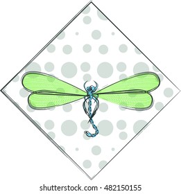 Pattern with the flying dragonfly on a polka dot background