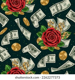 Pattern with flying, falling dollar banknotes, gold coins, red rose with leaves, gold dollar sign. Vintage illustration for prints, clothing, surface design Dark background