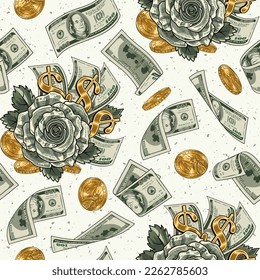 Pattern with flying, falling dollar banknotes, gold coins, green rose made of 100 US dollar bills, dollar sign. Vintage illustration for prints, clothing, surface design White background