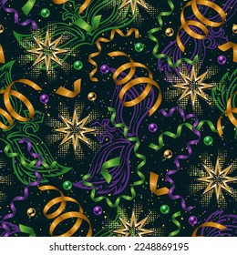 Pattern with flying, falling serpentine ribbons, beads, gold shiny stars on dark background. Outline masks, confetti behind. Carnaval print ornament.