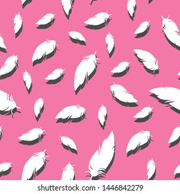 Pattern with flying feathers that cast a shadow on a pink background.