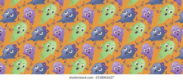 Pattern of flying ghosts and inscriptions boo. Halloween specters. Vector seamless festive background of funny spooks. For wallpapers, cards, invitations, festive design.