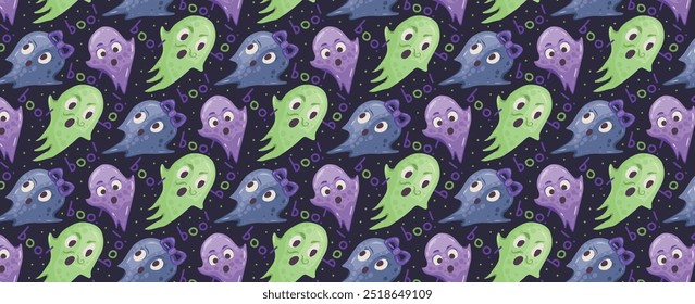 Pattern of flying ghosts and inscriptions boo. Halloween specters. Vector seamless festive background of funny spooks. For wallpapers, cards, invitations, festive design.