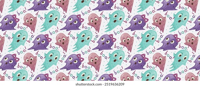 Pattern of flying ghosts and inscriptions boo. Halloween specters. Vector seamless festive background of funny spooks. For wallpapers, cards, invitations, festive design.