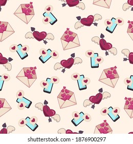 Pattern with flying hearts, love envelopes and mobile phones. Seamless background for Valentine's day. Flying heart with angel wings and pierced by an arrow. Backdrop with symbols of dating app.