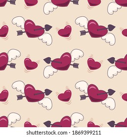 Pattern with flying hearts. Seamless background for Valentine's day. A flying heart with angel wings and pierced by an arrow. Cartoon style seamless backdrop.