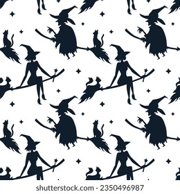 Pattern of flying old witch in hat on broom with cat.  Black and white cartoon vector pattern of witches