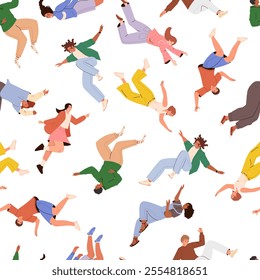 Pattern with flying people. Movement in air, falling young characters in different poses, hovering and soaring, happy guys and girls, vector cartoon flat set	