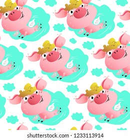 pattern with a flying pig in the sky for print or web