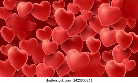 Muster fliegender realistischer 3d-Herzen, roter volumetrischer Ballons in Herzform, Hintergrund für Postkartendesign, Banner, Einladung zum Valentinstag, Frauentag, Muttertag