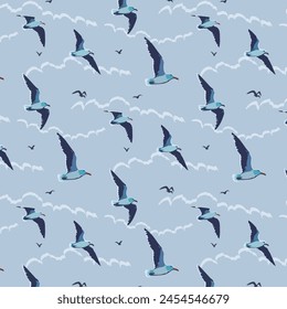 Pattern with flying seagulls.Vector seamless pattern with flying seagulls on a background of blue sky.