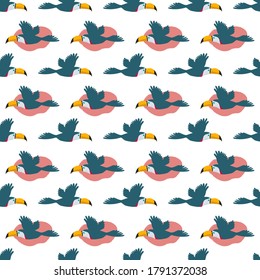 Pattern with flying toucans. Vector seamless texture.