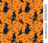 Pattern of flying witches on broom with bats and little magic stars. Seamless pattern of witches on broom with cat on orange background.