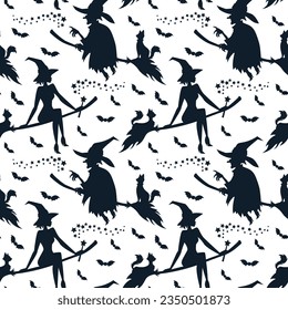 Pattern of flying witches on broom with bats and little magic stars. Seamless pattern of witches on broom with cat in black and white style