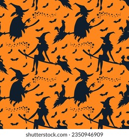 Pattern of flying witches on broom with bats and little magic stars. Seamless pattern of witches on broom with cat on orange background.