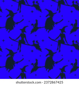 Pattern of flying witches on broom with bats and little magic stars. Seamless pattern of witches on broom with cat on blue background.