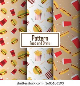 Pattern Food and Drink about hamburger, french fries and soda. fast food concept. vector illustration.